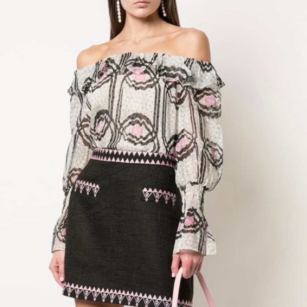 NWT Cynthia Rowley Russel Off-the-Shoulder Grey Silk Ruffle Top - Size Small‌‌